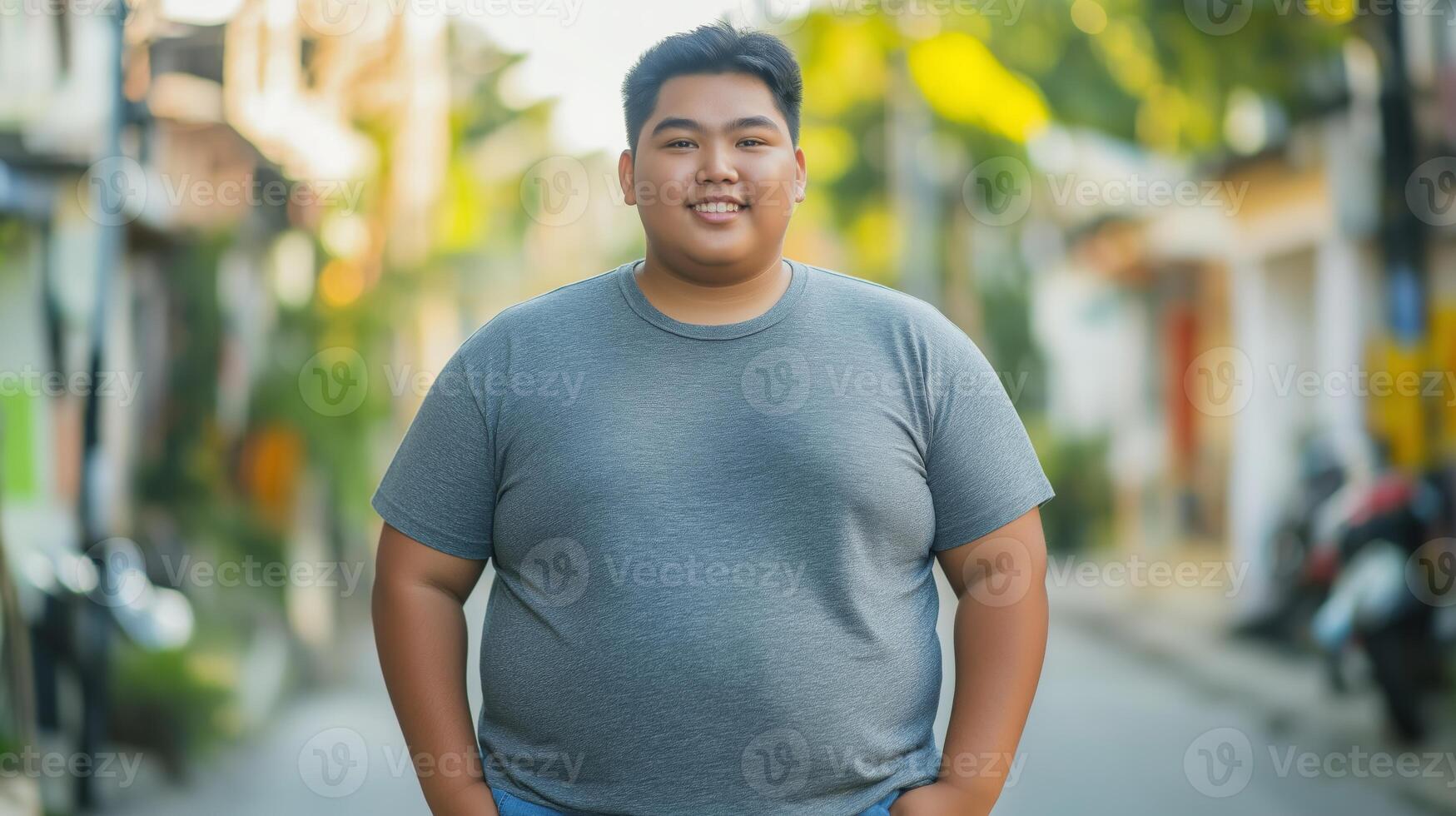 Southeast Asian Teenage Boy Smiling Outdoors in Casual Gray Tshirt for Youth Lifestyle Concepts and Cultural Diversity in Urban Settings photo