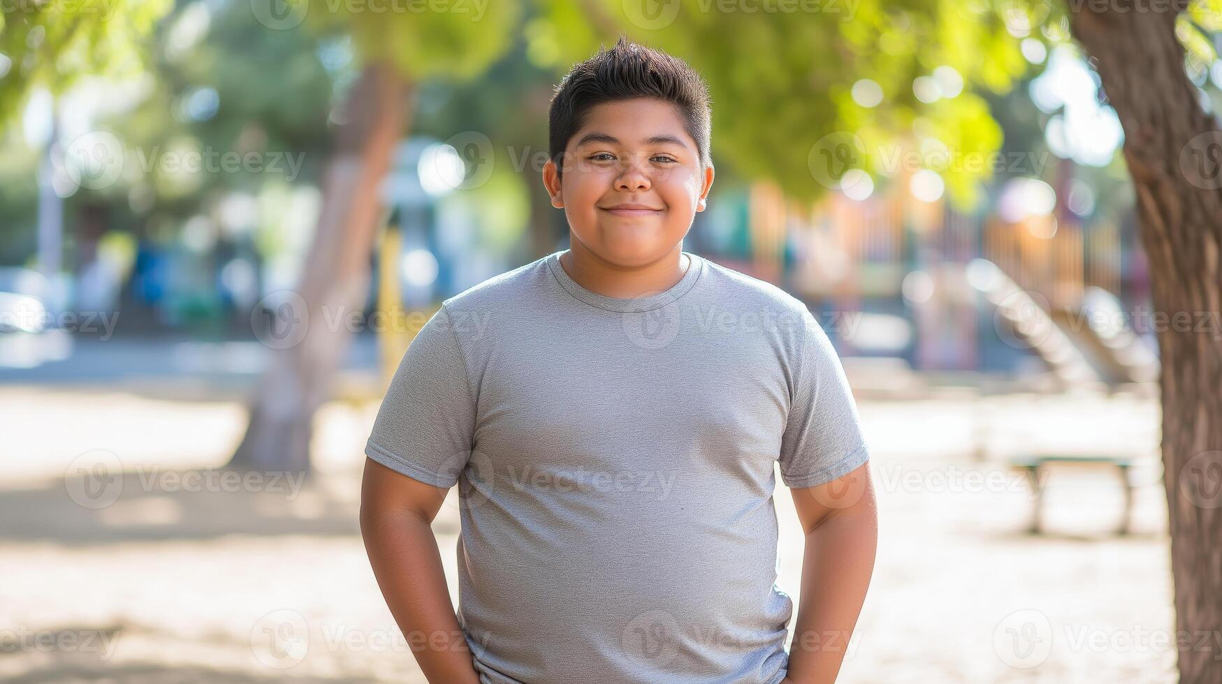 Smiling Hispanic Teenage Boy in Casual Tshirt, Outdoor Park Setting, Sunny Day Portrait, Youth Diversity photo