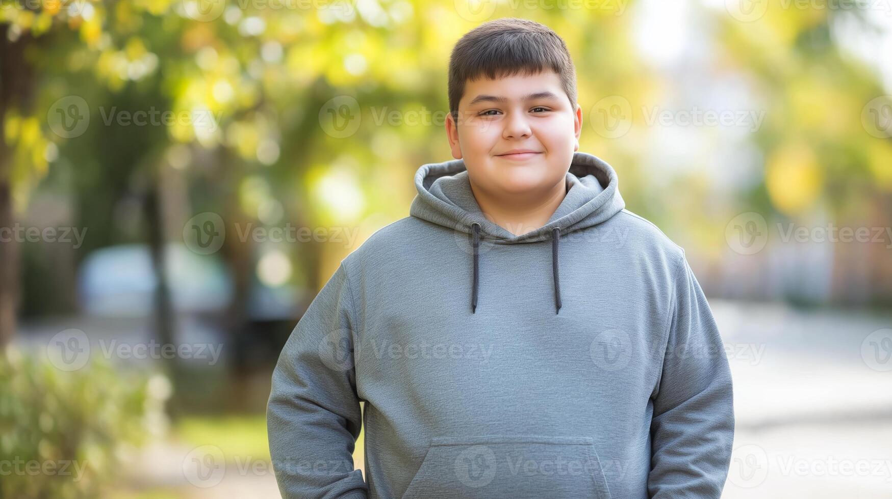 Confident Teenage Russian Boy in Grey Hoodie Posing Outdoors in Autumn, Suitable for Promotional Design, Posters, and Cards photo