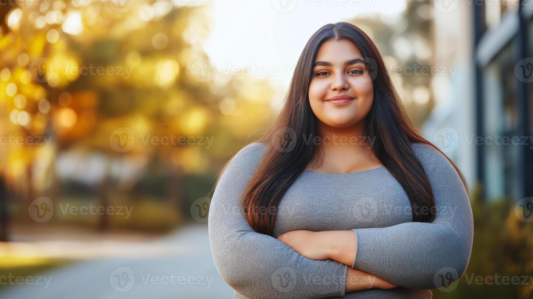 Confident Middle Eastern Teenage Girl with Obesity Posing Outdoors in Autumn, Diversity and Body Positivity photo