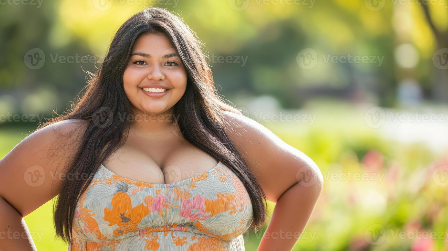 Confident Young Hispanic Woman Smiling in a Sunlit Park, Summer Vacation, Diversity and Inclusion Concept, Lifestyle Blog and Promotion photo