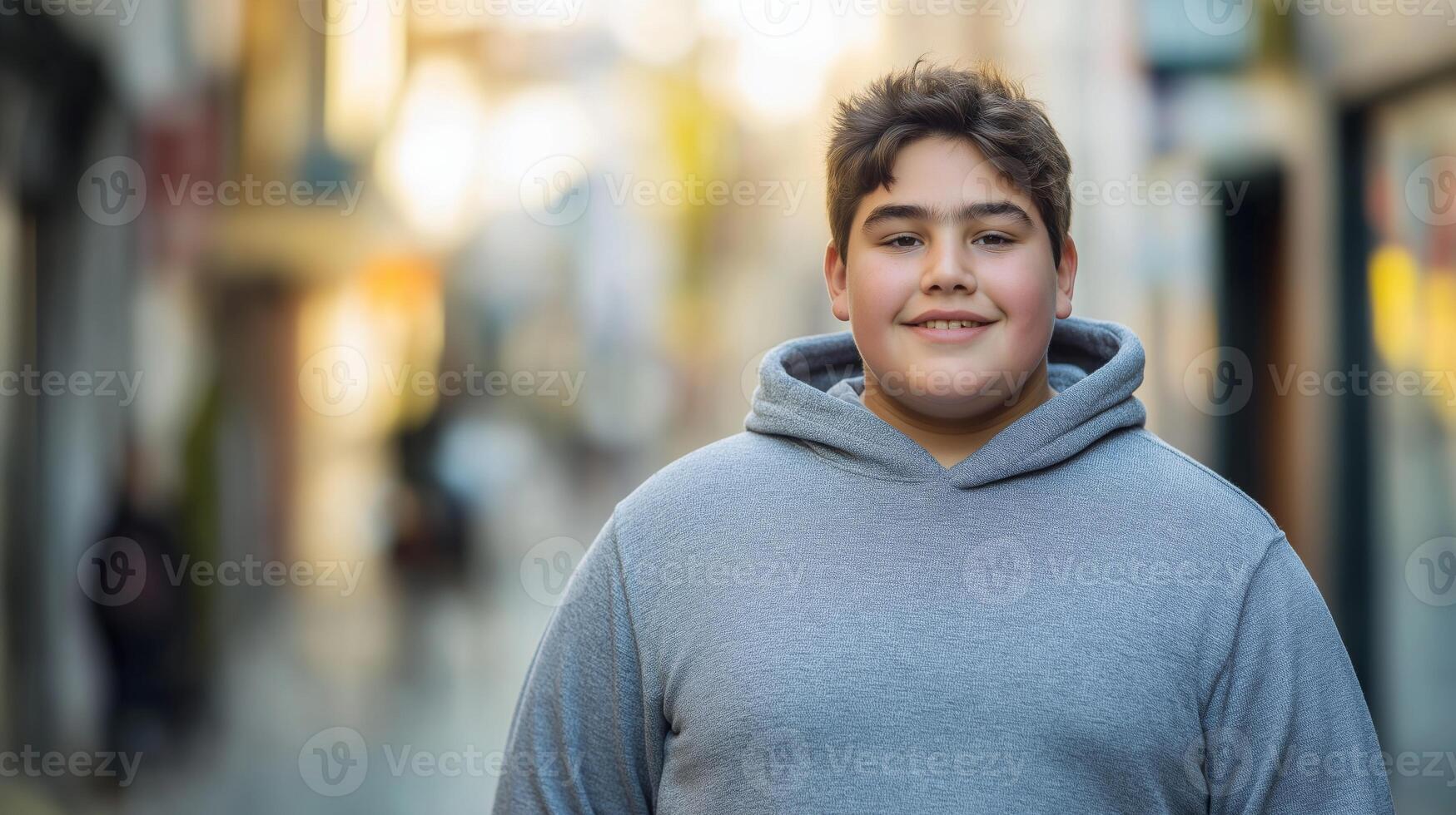 Smiling Teenage Boy in Grey Hoodie Outdoors on a Sunny Day Stock Photograph for Print, Poster, Design photo