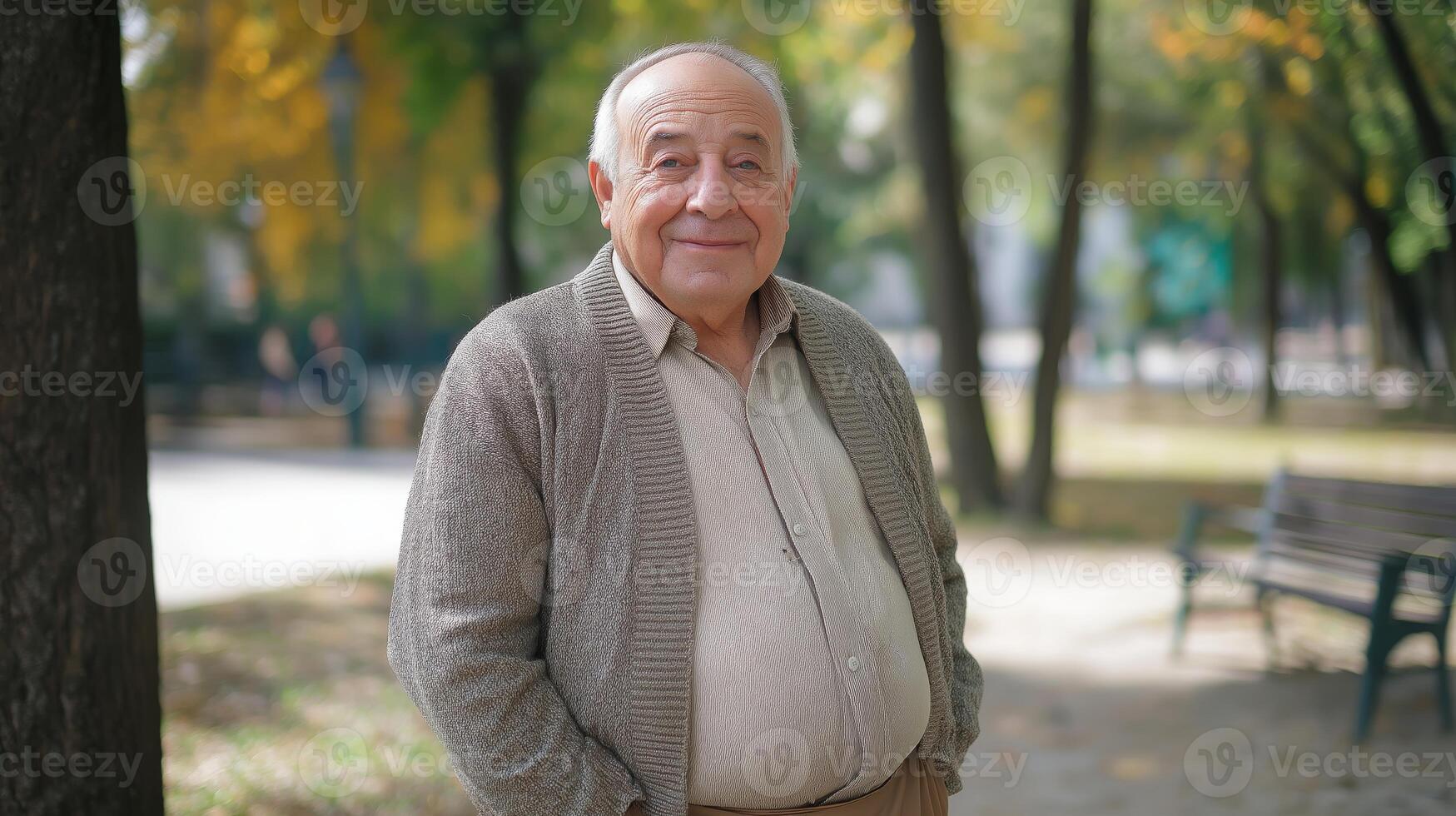 Elderly French Man Enjoying Autumn Day in a Park, Ideal for Senior Lifestyle Content and Seasonal Stories photo