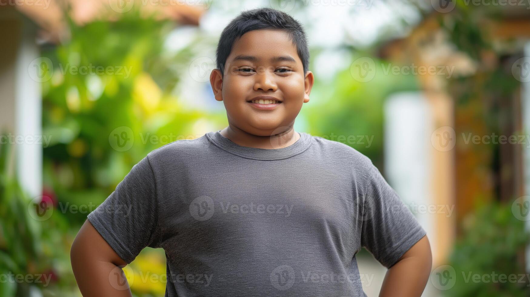 Cheerful Indonesian Teenage Boy Posing Outdoors in a Tropical Setting for Stock Photography, Perfect for Print, Card, Poster Design photo