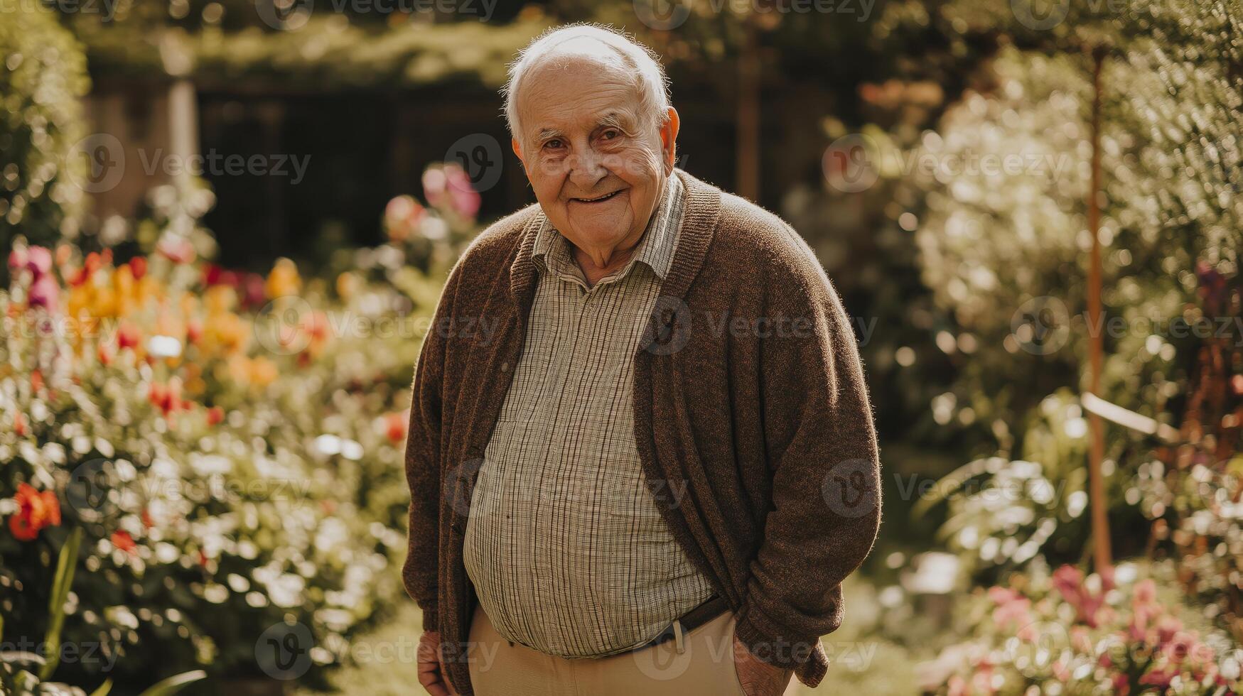 Elderly British Man Smiling in a Vibrant Garden, Perfect for Senior Lifestyle, Outdoor, and NatureThemed Photos