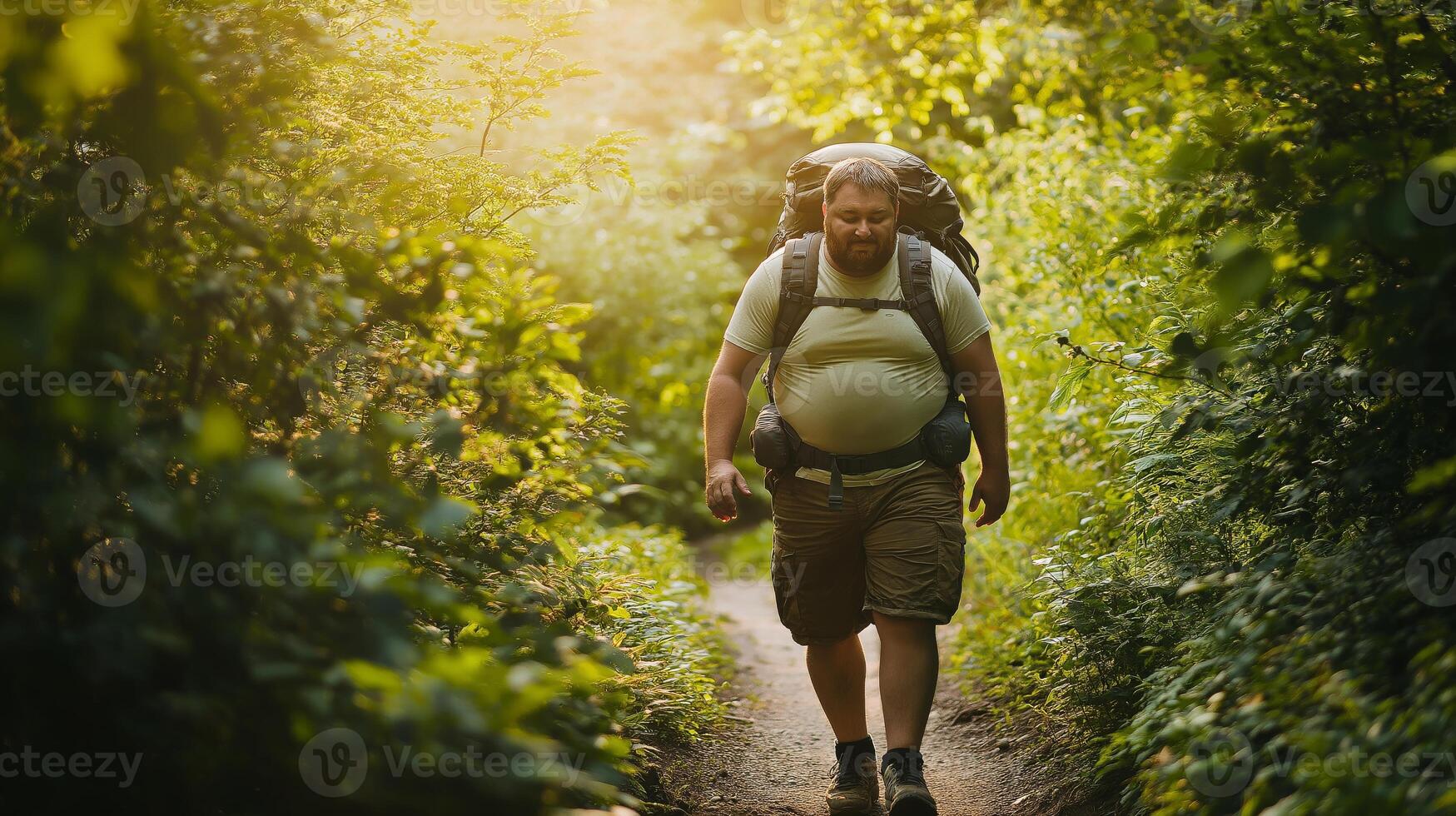 Nature Trail Hiking Journey of a PlusSize Man with Backpack on a Sunlit Forest Path photo