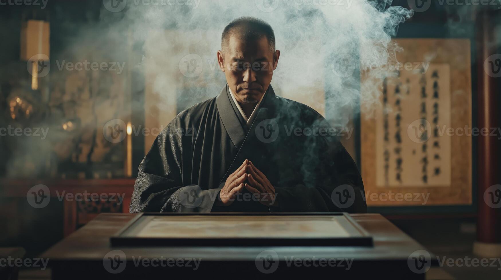Meditative Confucian Man in Traditional Robe with Smoke in Tranquil Temple Setting for Cultural Poster Design photo