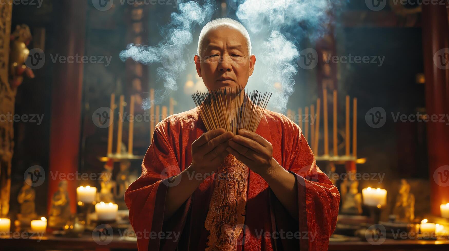 Taoist Monk Performing Ritual with Incense in Traditional Robes in a Dimly Lit Temple Setting photo