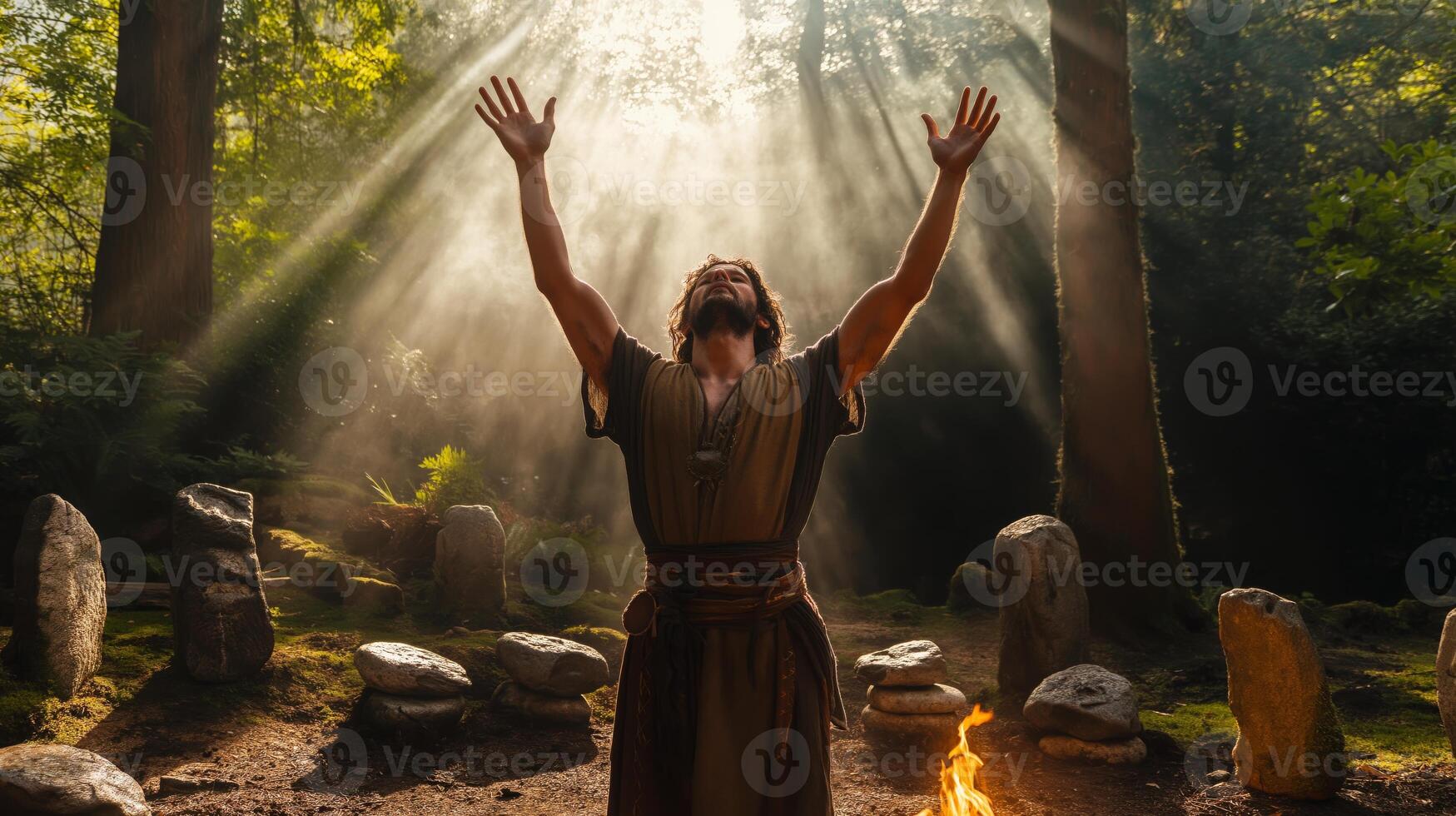 Ancient Pagan Ritual in a Forest Setting with Sunlight Filtering Through Trees, Celebrating Nature Worship photo