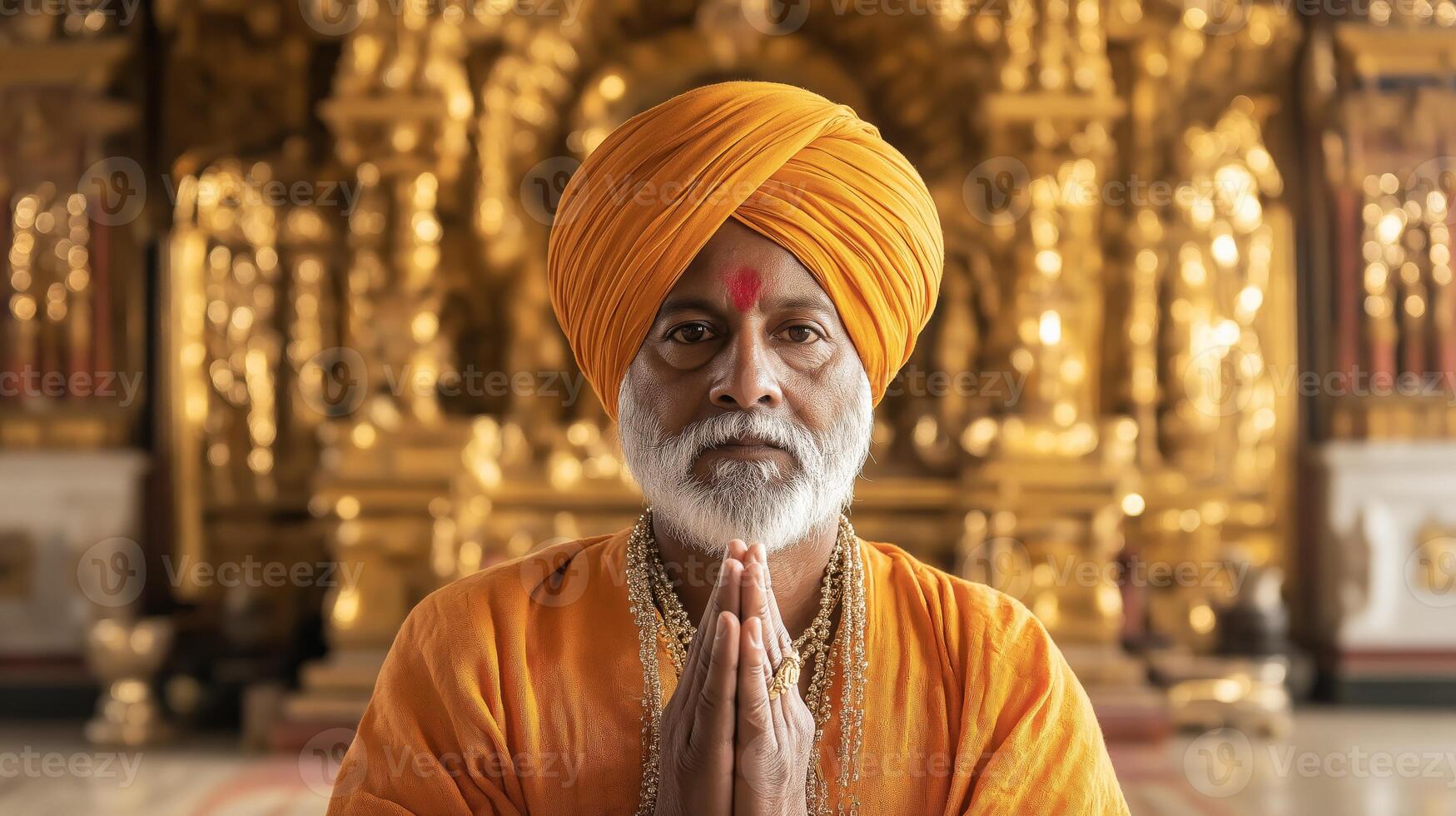 Sikh Man in Traditional Turban and Robes in Golden Temple, Displaying Spirituality and Cultural Heritage for Cultural Posters and Educational Resources photo