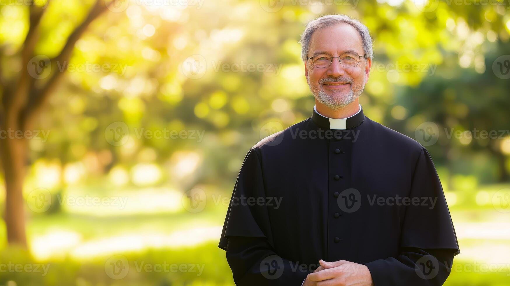 MiddleAged Christian Priest in Traditional Clerical Attire Standing in Sunlit Park Concept of Faith, Religion, and Spirituality photo
