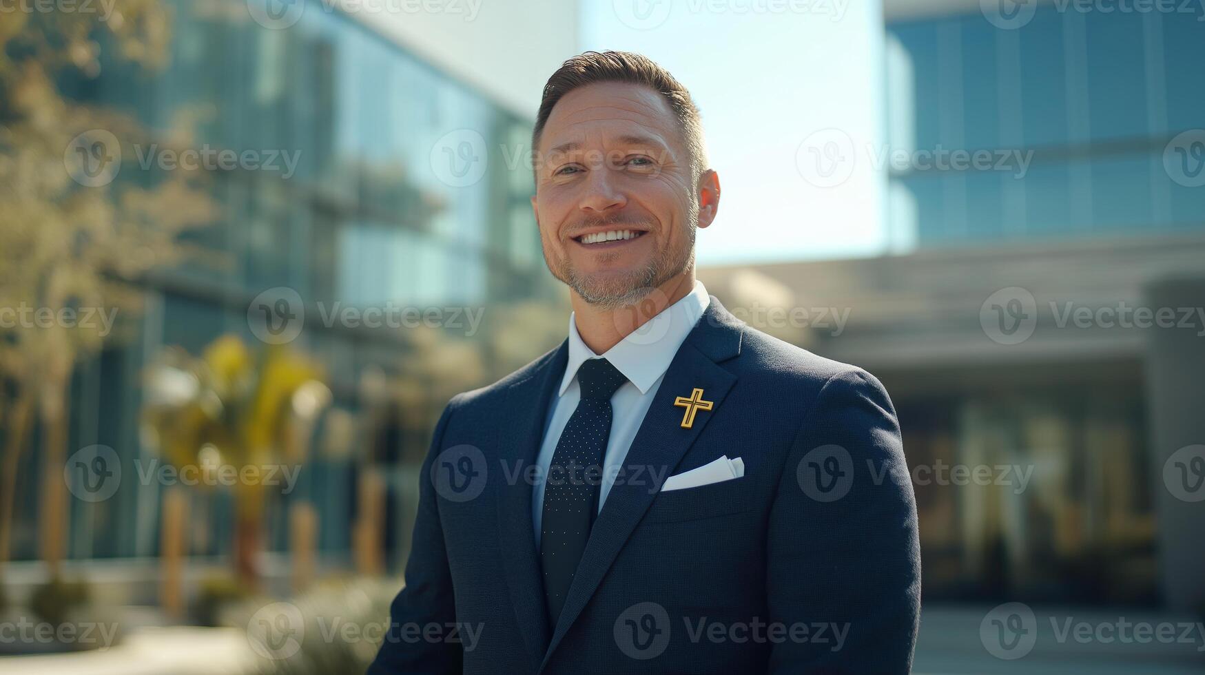 Professional Male Minister in Suit with Cross Pin, Smiling Outdoors in Urban Setting, Ideal for Religious or Inspirational Content photo