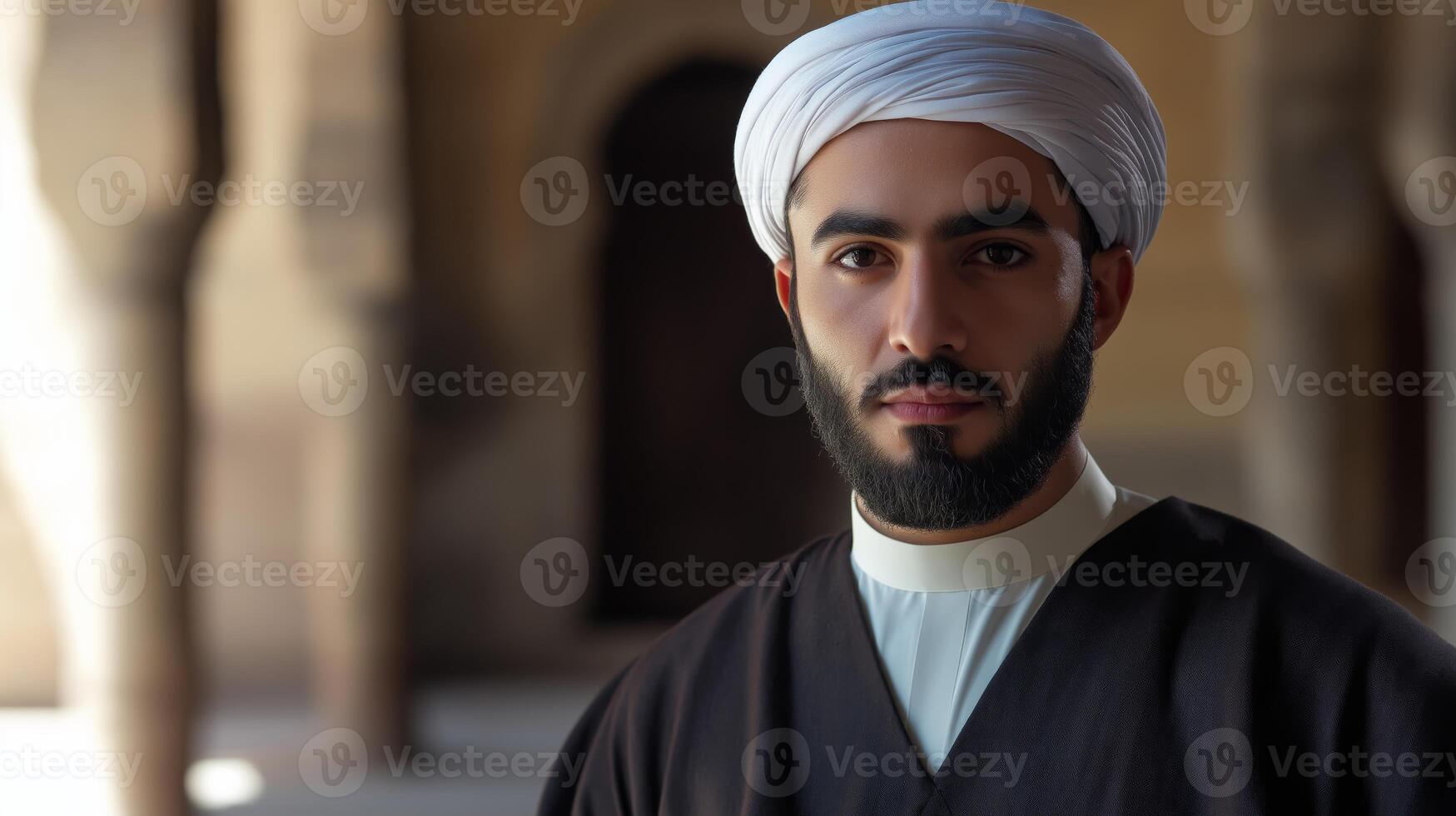 Portrait of a Young Shiite Cleric in Traditional Attire Standing in Islamic Architecture Setting photo