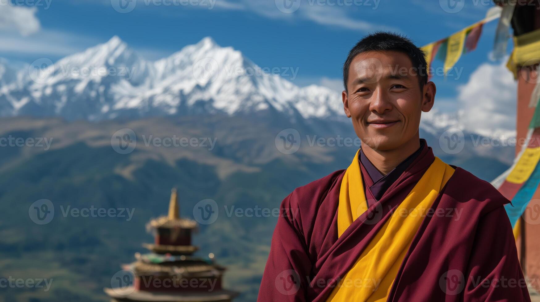 Traditional Bon Monk with Himalayan Mountain Range Backdrop, Ideal for Travel, Culture, and Spirituality Themes photo