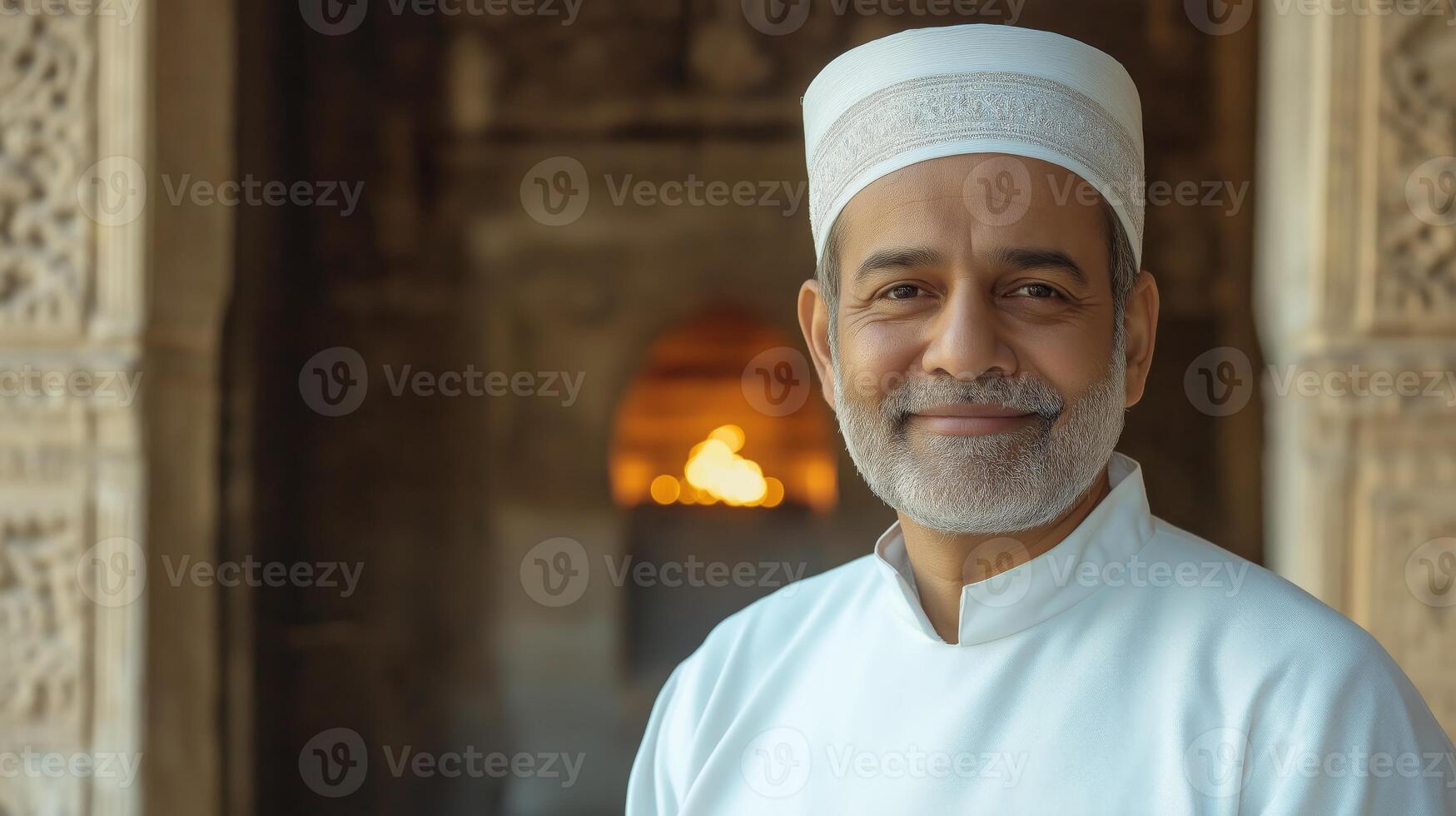 Zoroastrian Priest in Traditional Attire Standing in Ancient Temple Interior, Religious Portrait photo