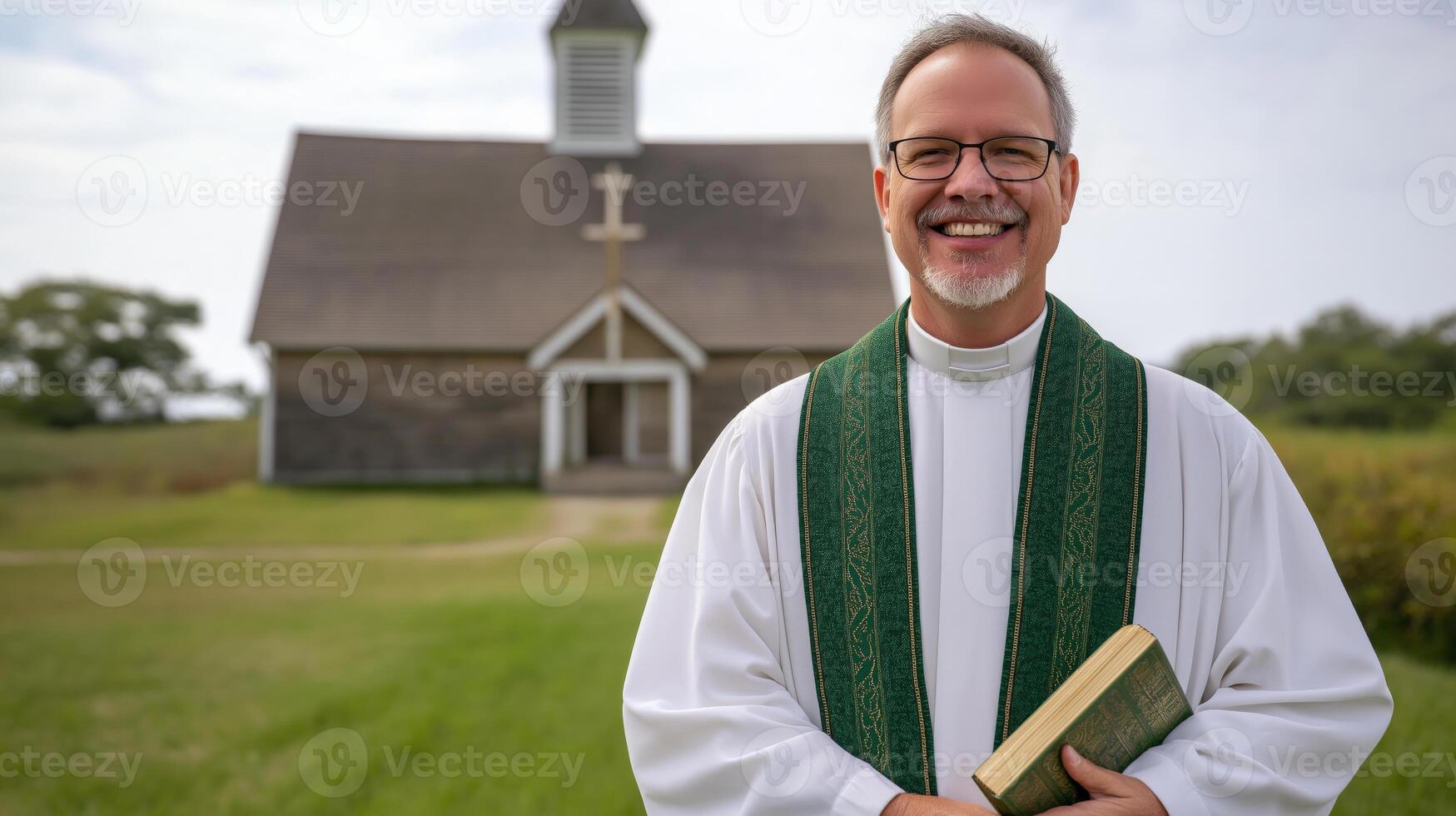 Lutheran Pastor in Front of Wooden Church Holding Bible, Symbolizing Faith and Community, Perfect for Religious Themed Designs and Print photo