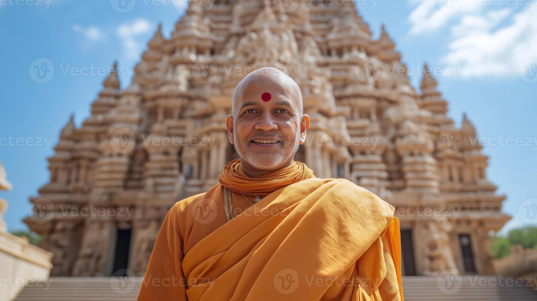 Hindu Priest in Traditional Attire Standing in Front of Ancient Temple, Ideal for Travel and Cultural History Prints, Posters photo