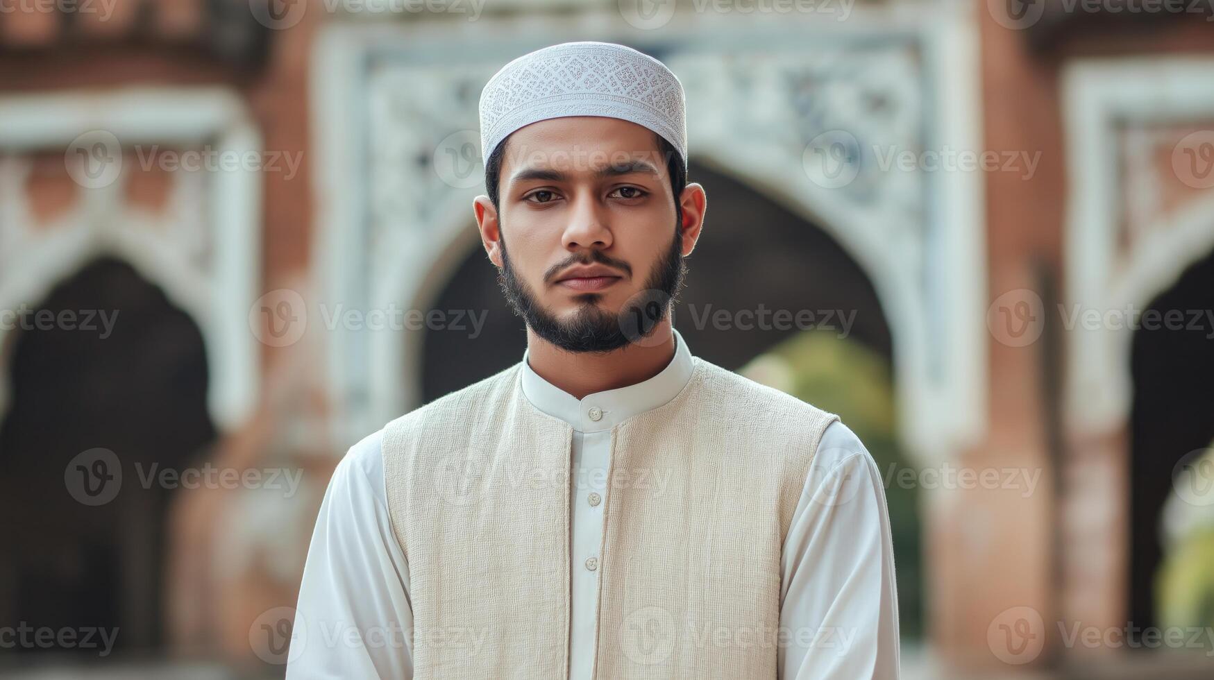 Young Sunni Muslim Cleric Standing in Front of Historic Mosque, Traditional Islamic Attire, Middle Eastern Cultural Scene photo
