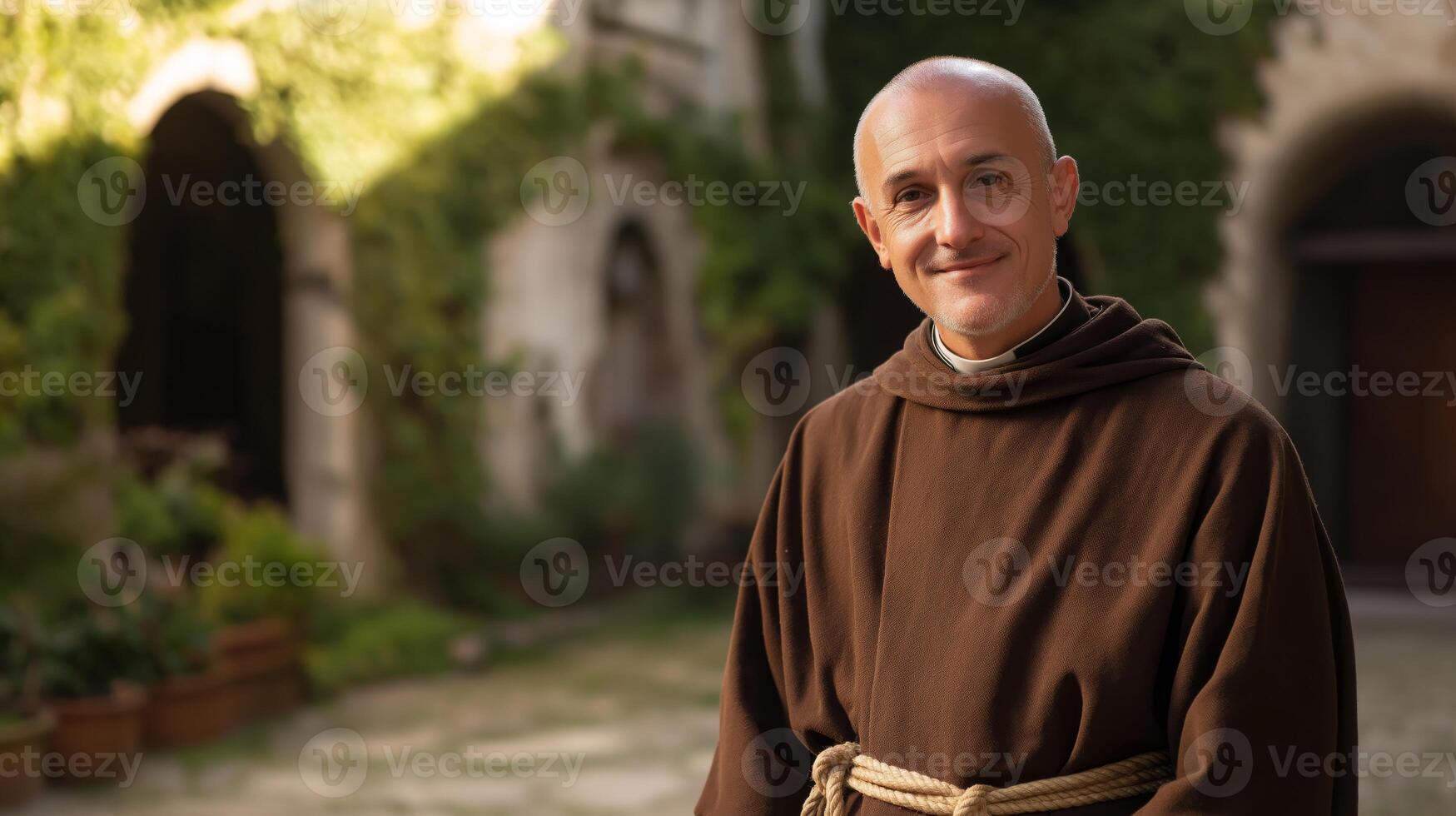 Capuchin Friar in Courtyard, Monk in Brown Robe, Outdoor Monastery Setting, Religious Lifestyle, Diverse Priest photo