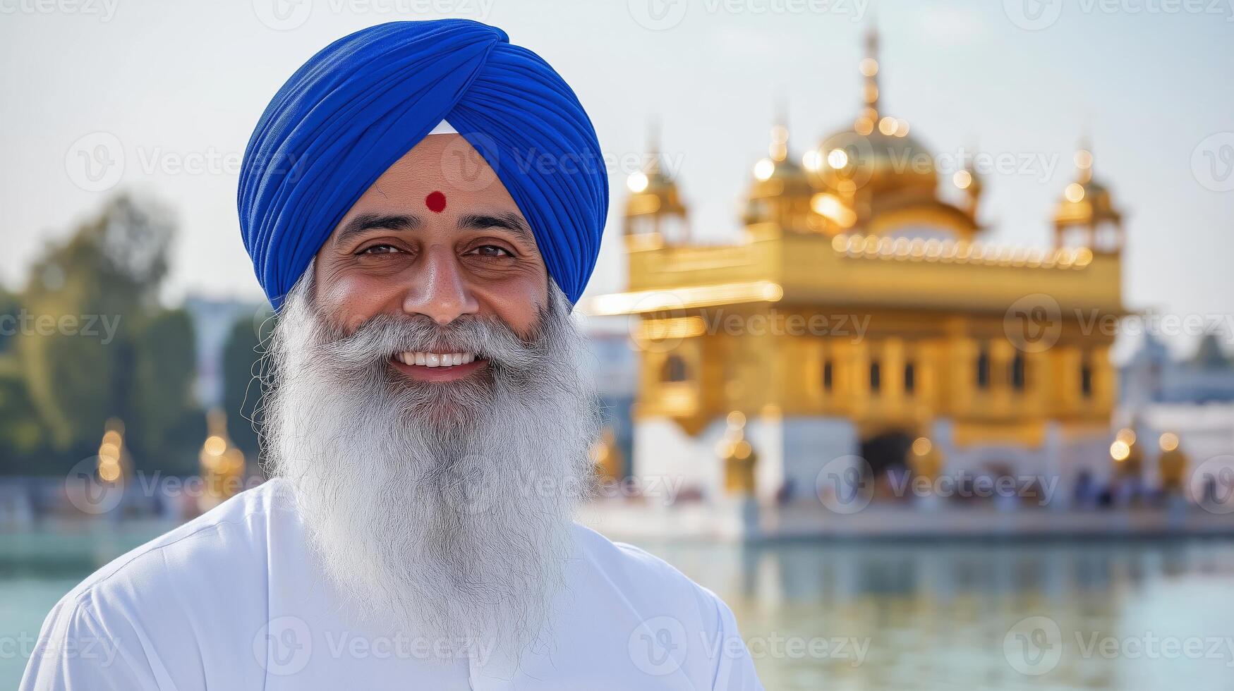 Sikh Man in Traditional Turban Smiling at Golden Temple of Amritsar for Cultural and Religious Context photo