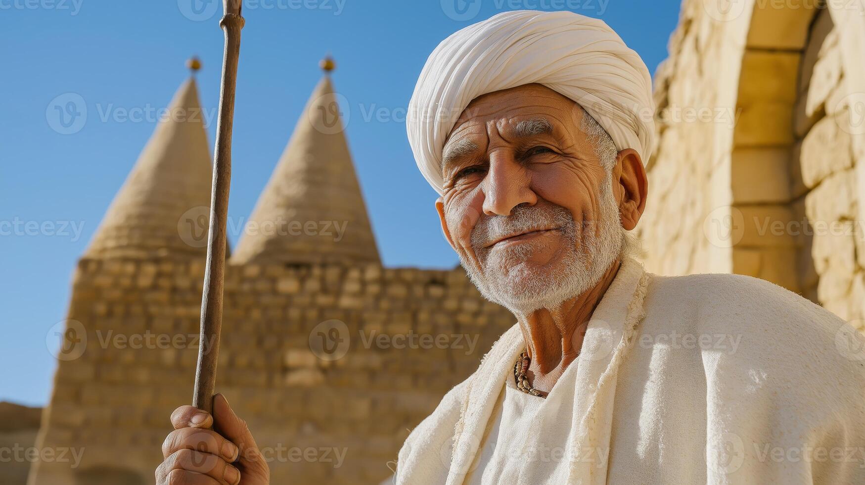 Elderly Yezidi Cleric Smiling in Traditional White Attire Holding a Staff in Historical Architecture Setting photo
