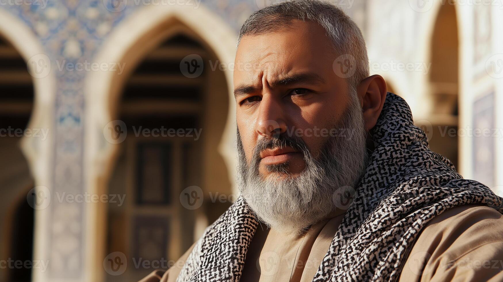 MidAged Cleric with Gray Beard Wearing Traditional Attire in Historical Islamic Architecture Setting photo