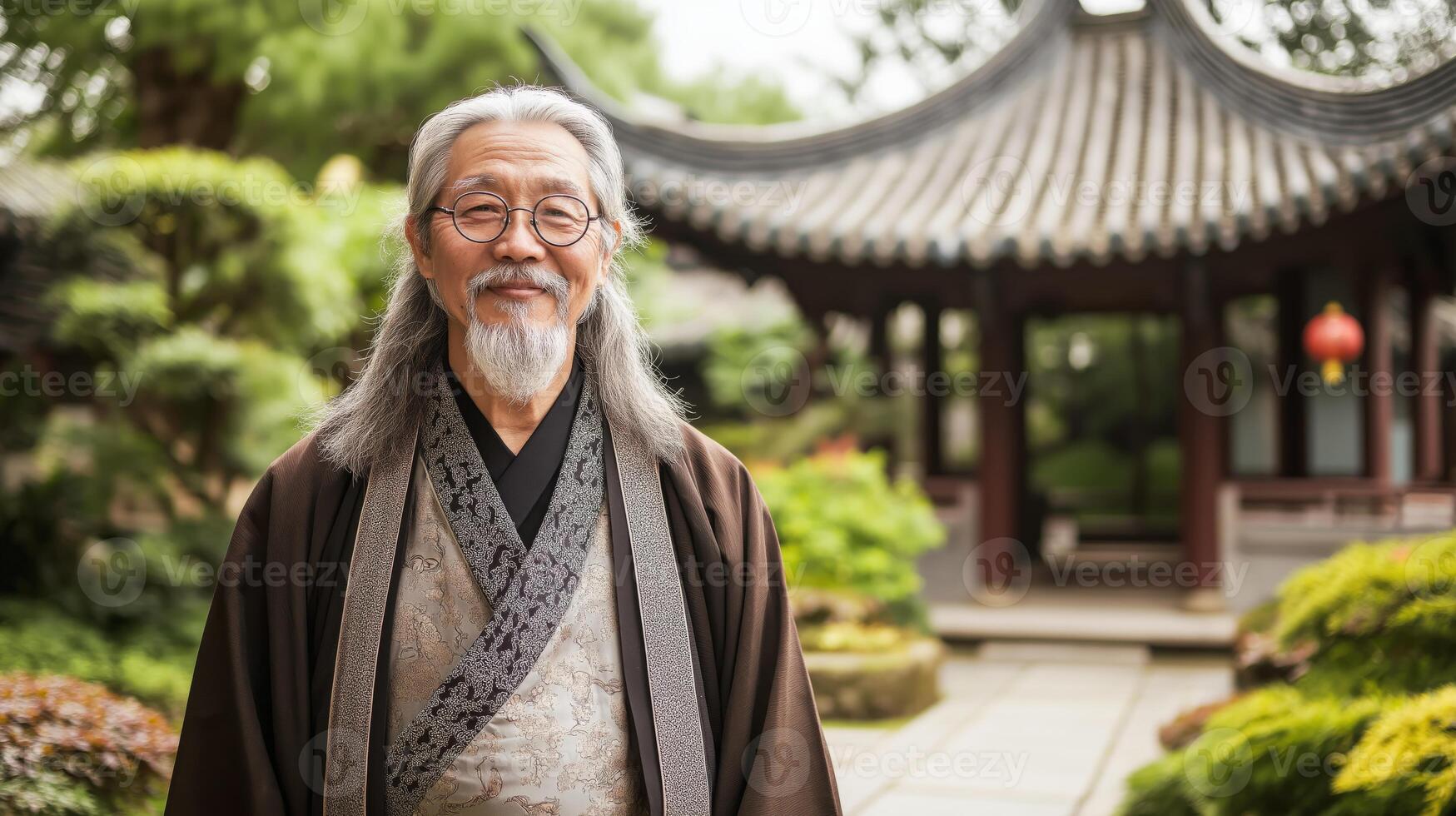 Elderly Confucian Scholar in Traditional Robe in Serene Garden Setting, Ideal for Cultural and Historical Themed Projects photo