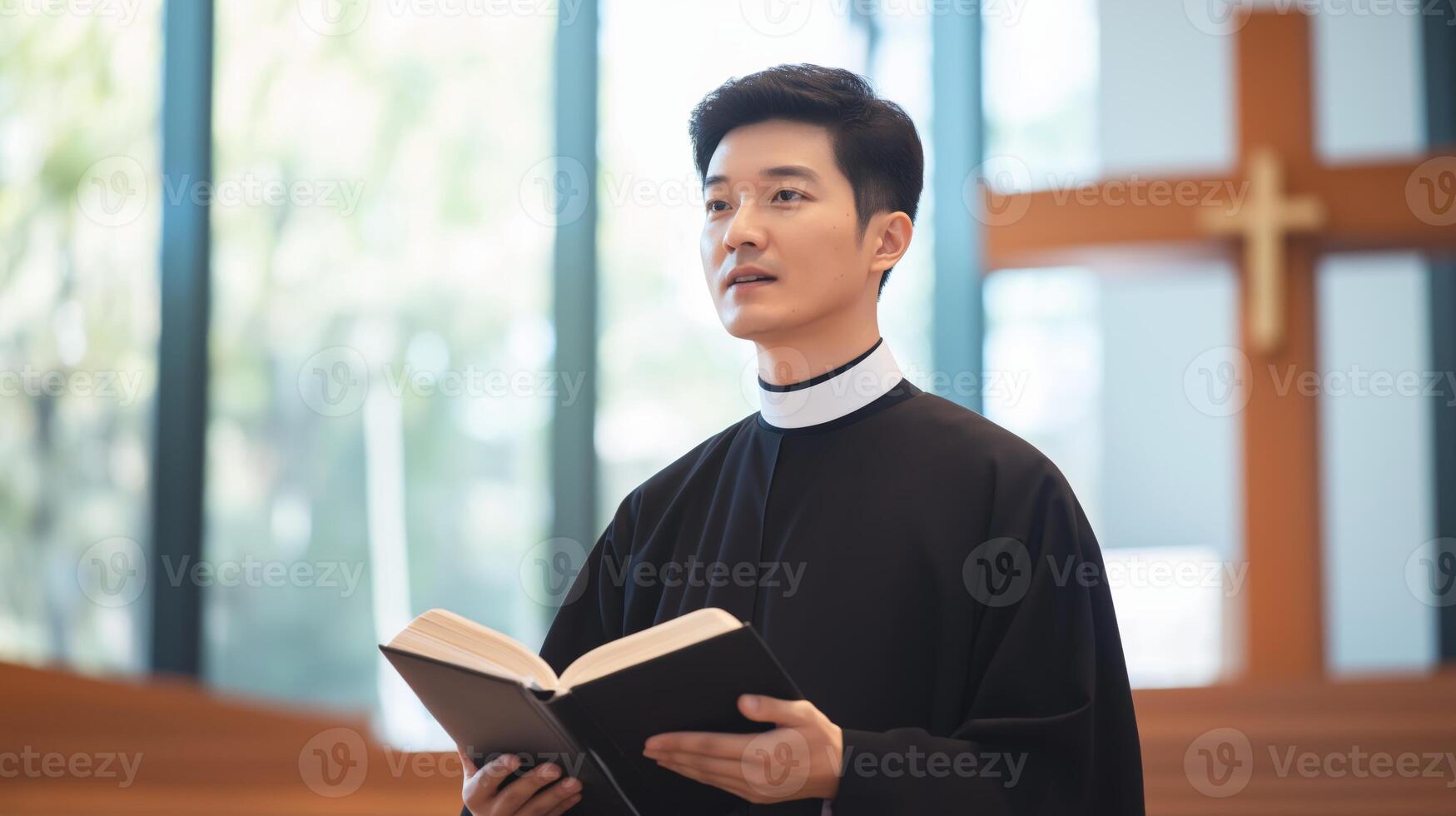 Young Korean Protestant Minister Delivering Sermon in Church With Bible, Christian Faith, and Inspirational Message photo