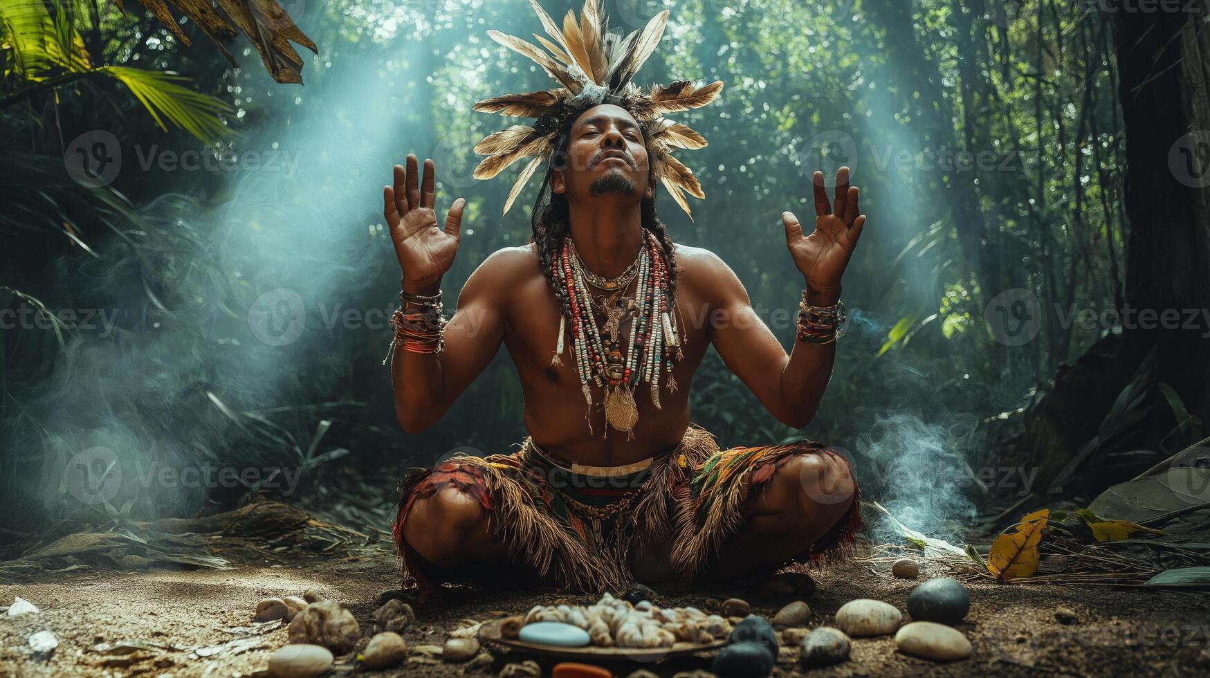 Traditional Tribal Animist Ceremony in Dense Jungle, Featuring Male Dressed in Cultural Attire with Feathers and Bead Adornments photo