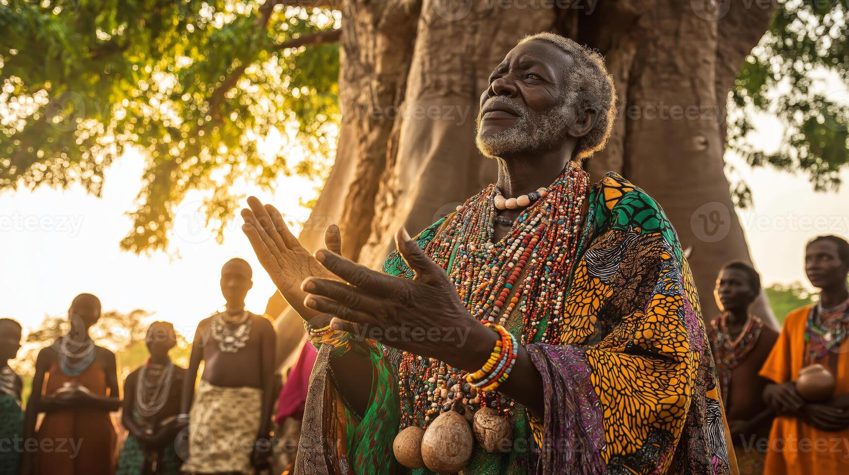 Elder from African Tribal Community in Colorful Traditional Attire Performing Ritual Ceremony Under Sacred Tree photo
