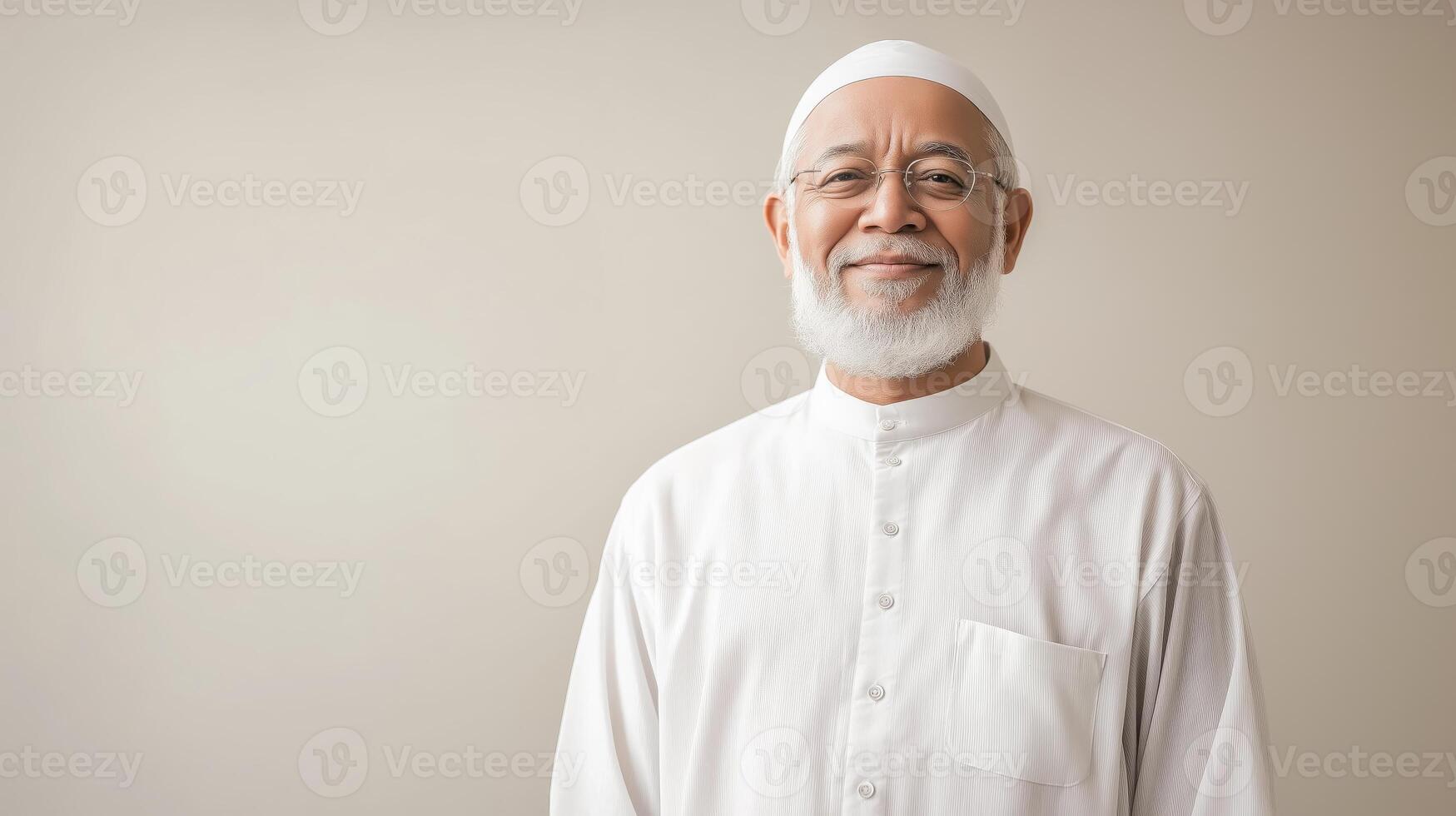 Portrait of a MiddleAged Sunni Muslim Cleric in Traditional White Attire for Cultural Diversity and Religious Respect photo