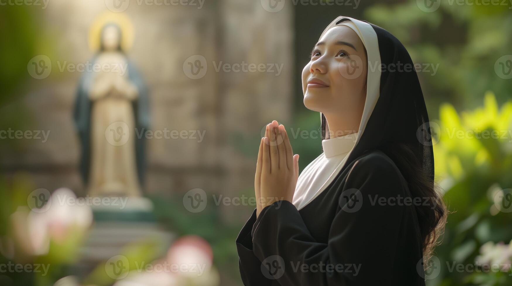 Contemplative Young Nun Praying Outdoors in Garden, Religious Devotion, Spiritual Reflection, Peaceful Monastic Life photo