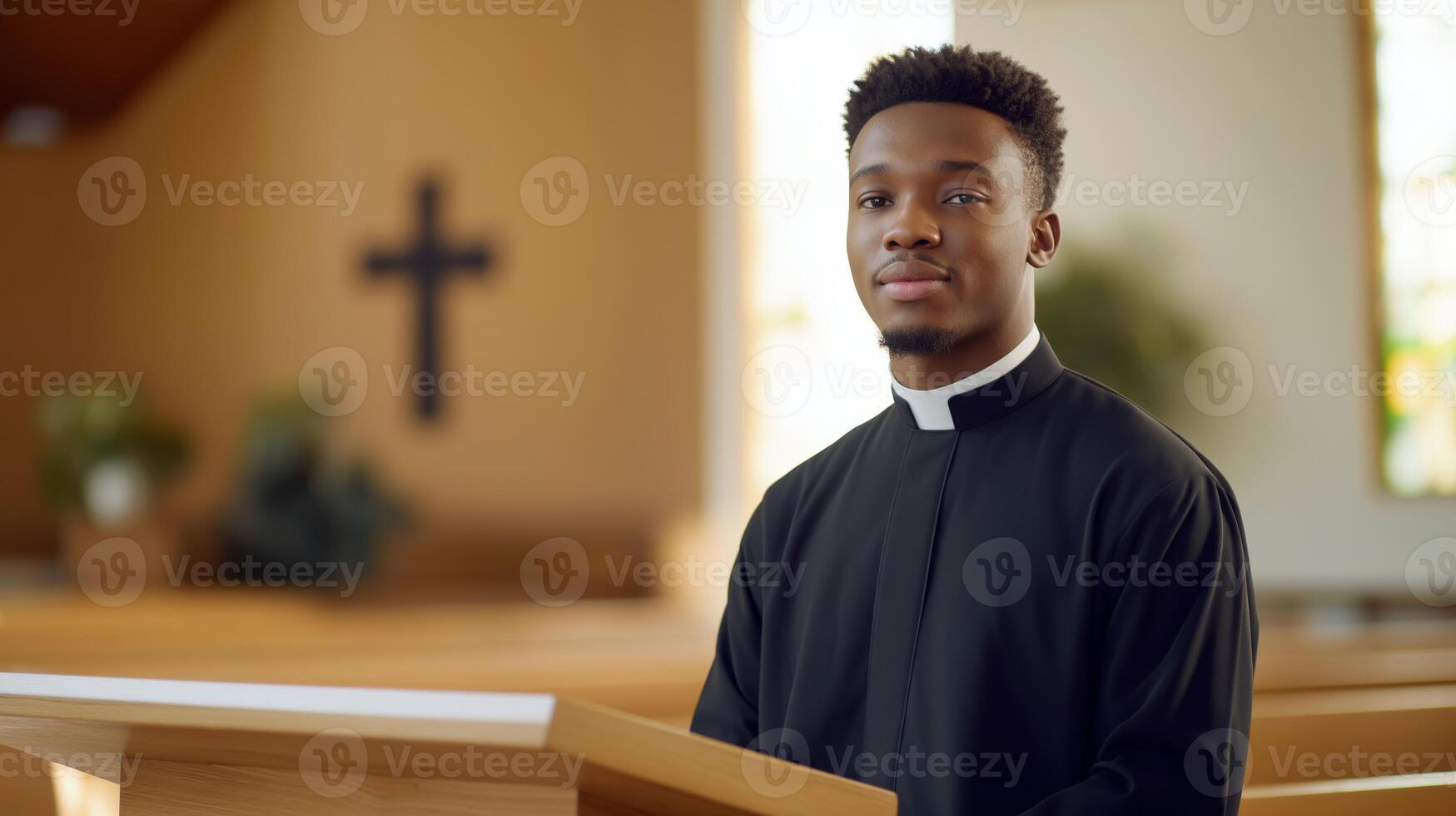 Young African American Protestant Minister Standing Inside Church, Spiritual Leadership, Community Guidance photo