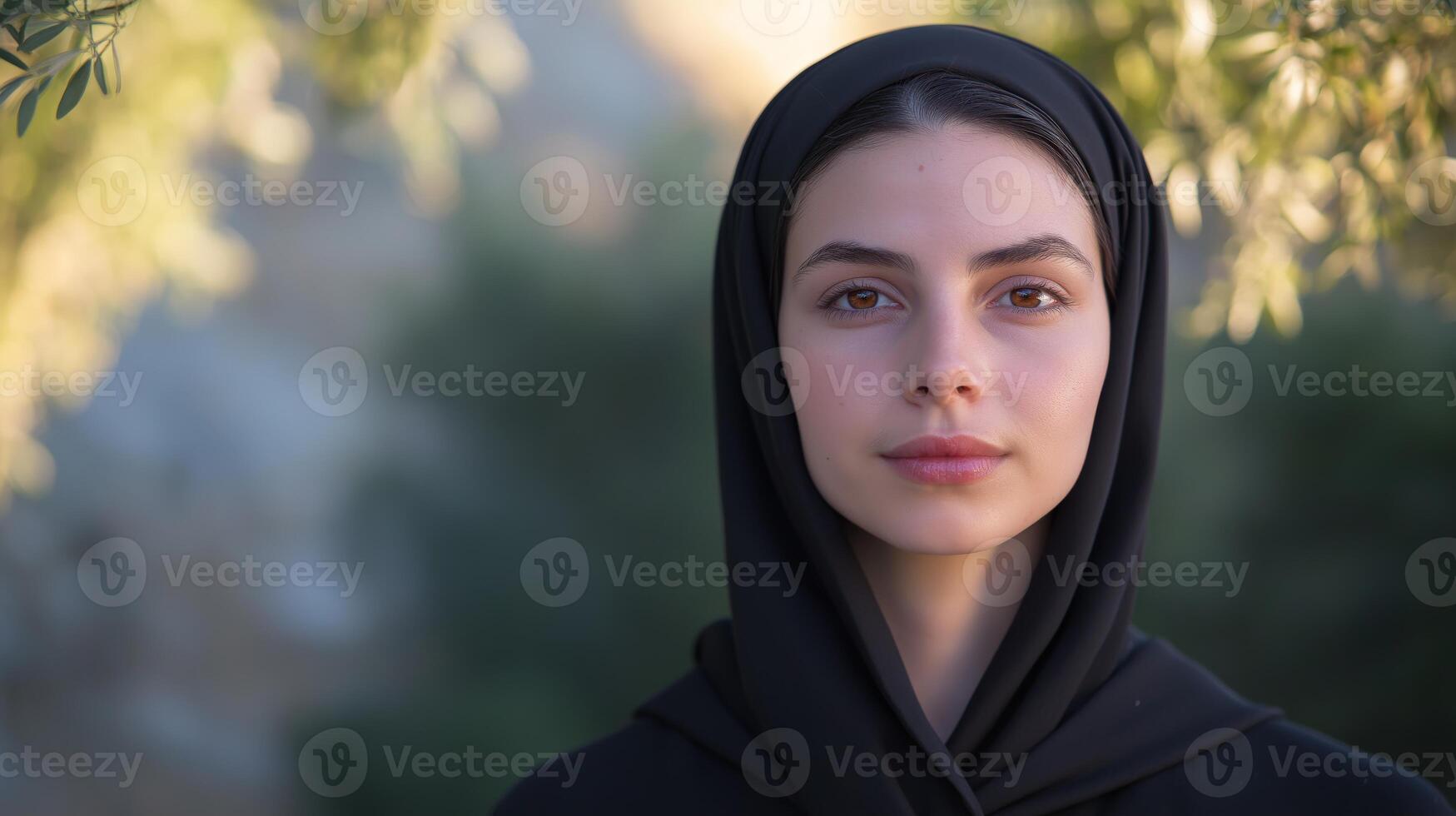 Serene Portrait of a Young Greek Orthodox Nun in a Monastic Courtyard, Stunning Natural Lighting photo