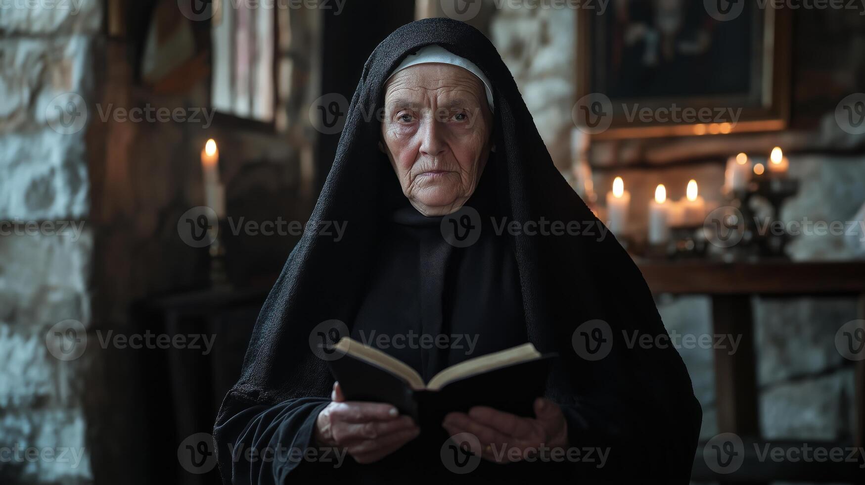 Devout Greek Orthodox Nun in Candlelit Stone Chapel Reflecting in Prayer photo