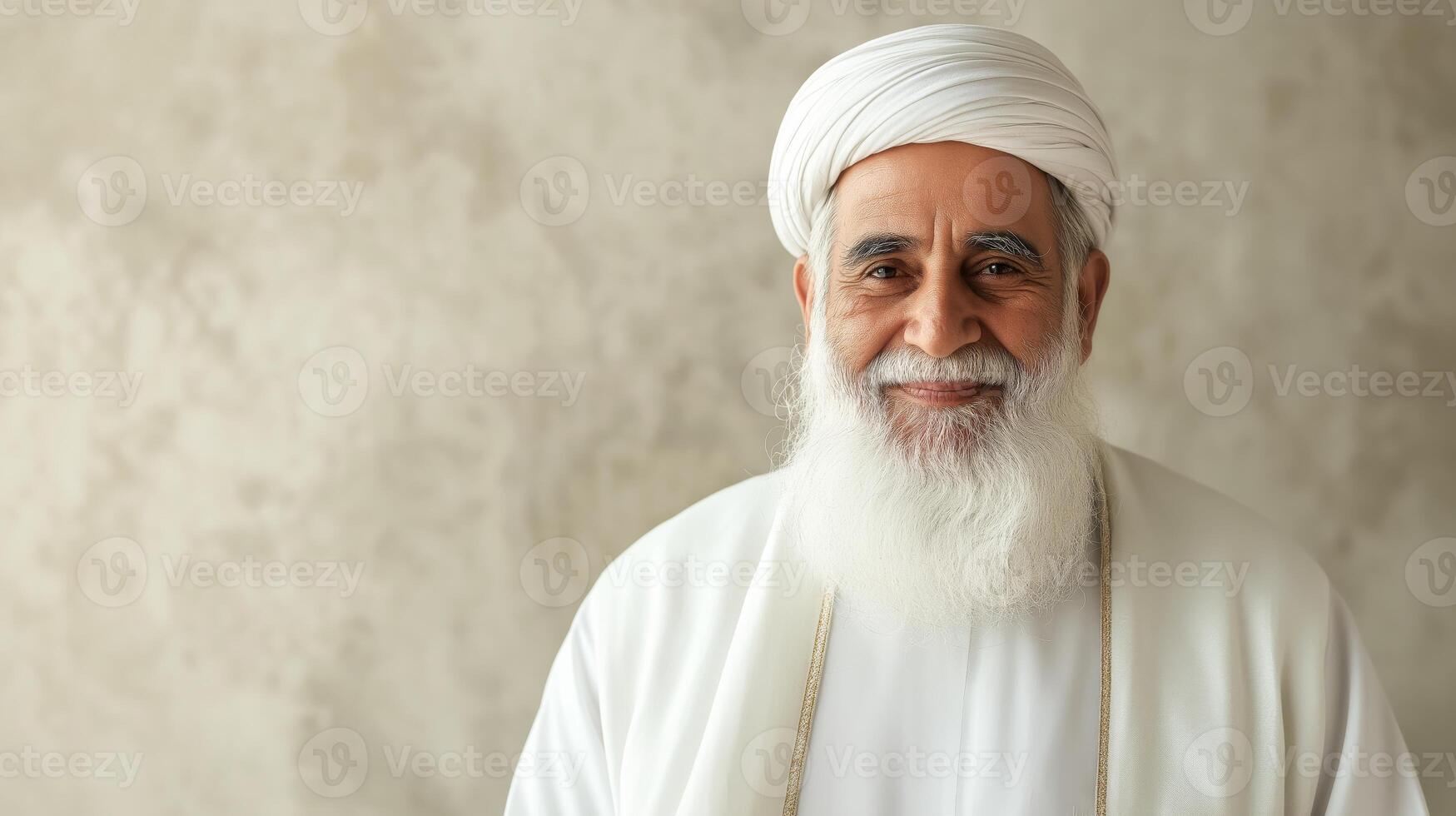 Dignified Elderly Sunni Muslim Cleric in Traditional Attire with Serene Expression for Cultural and Religious Representation in Print, Poster, or Digital Use photo