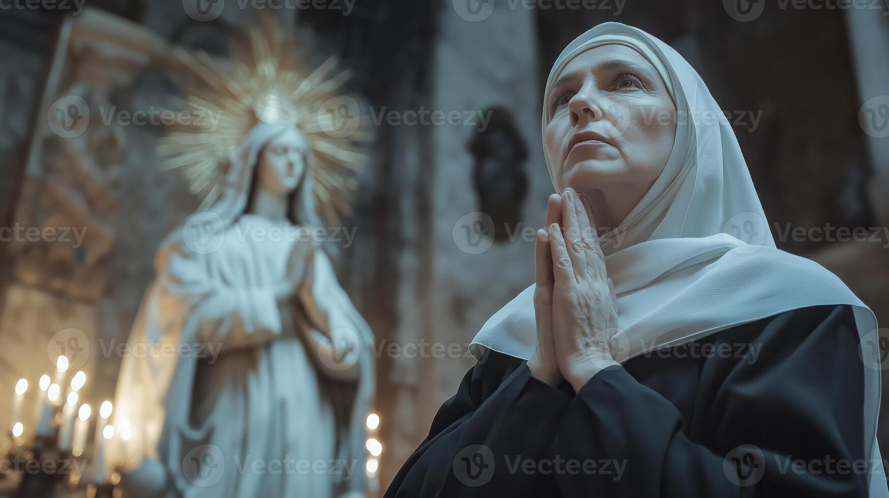 Devout Italian Nun Praying in a Candlelit Church with Holy Statue in the Background, Perfect for Religious, Spiritual Themed Designs photo