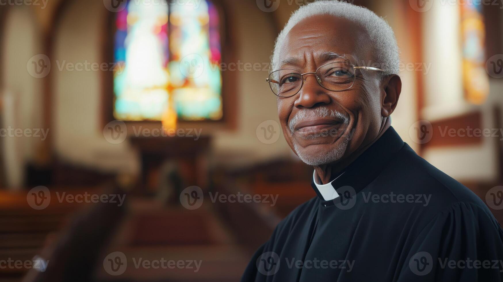 Elderly African American Male Protestant Pastor in Traditional Clergy Attire in Church Interior, Background Stained Glass Windows photo