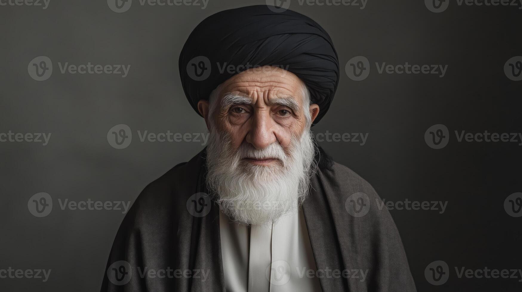 Elderly Shiite Muslim Cleric from Iran Posing in Traditional Black Turban and Attire Against Dark Background photo