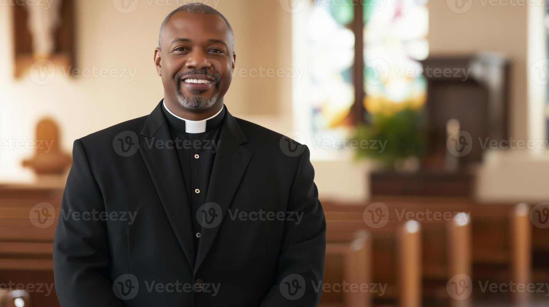 Confident MiddleAged African American Pastor in Church Interior for Religious Publication and Promotional Use photo