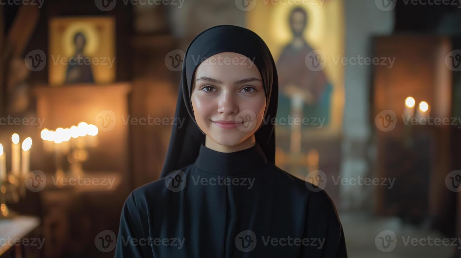 Young Russian Orthodox Nun in Serene Church Setting with Iconography and Candlelight photo