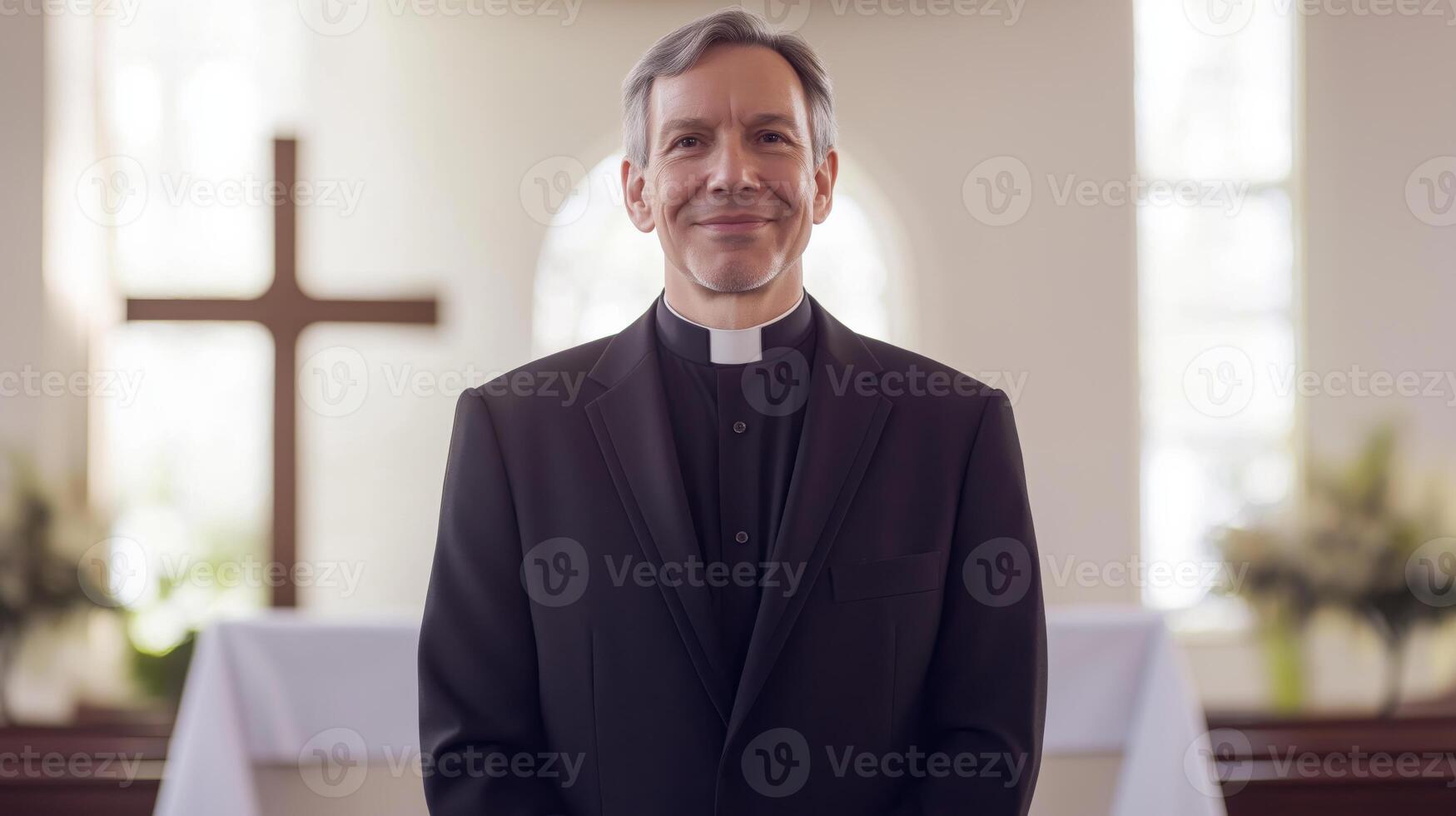 Protestant Minister Standing in Front of Altar with Cross, Religious Setting, Spiritual Guidance and Faith Community photo
