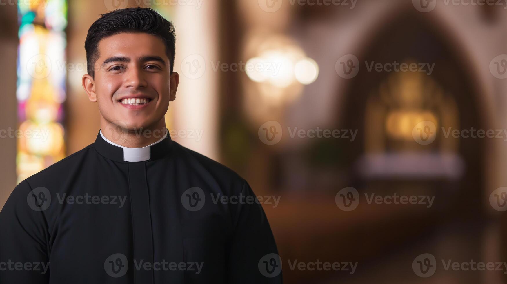 Young Hispanic Male Catholic Priest Standing Confidently in a Church with Stained Glass Windows photo