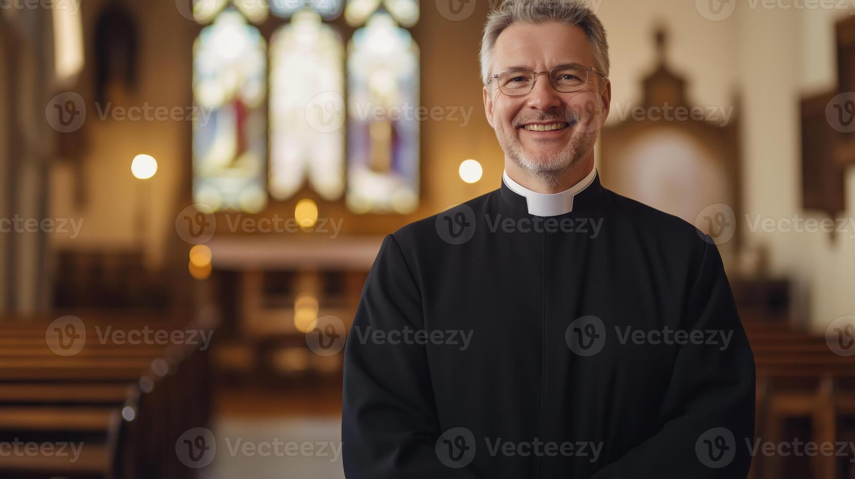 Anglican Clergyman Standing Composedly in Church Interior For Religious Print and Editorial Designs photo