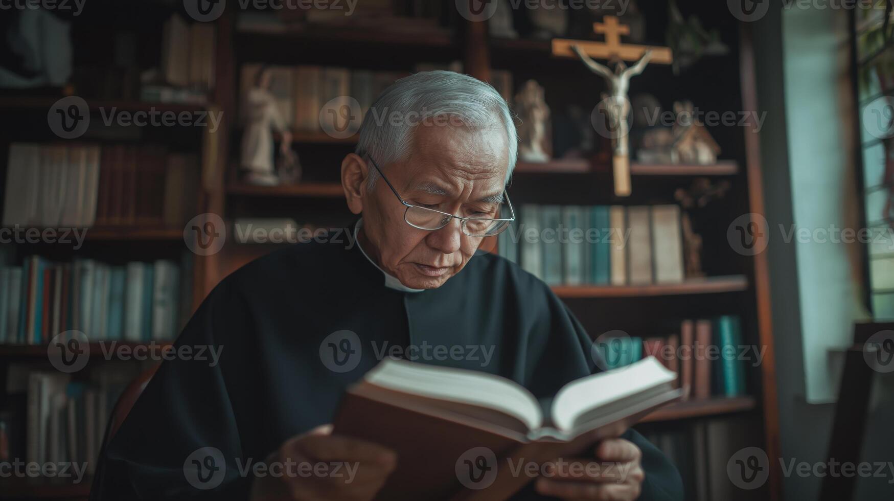 Elderly Filipino Priest Reading in a Library with Religious Artifacts and Books for Study, Worship, and Reflection photo