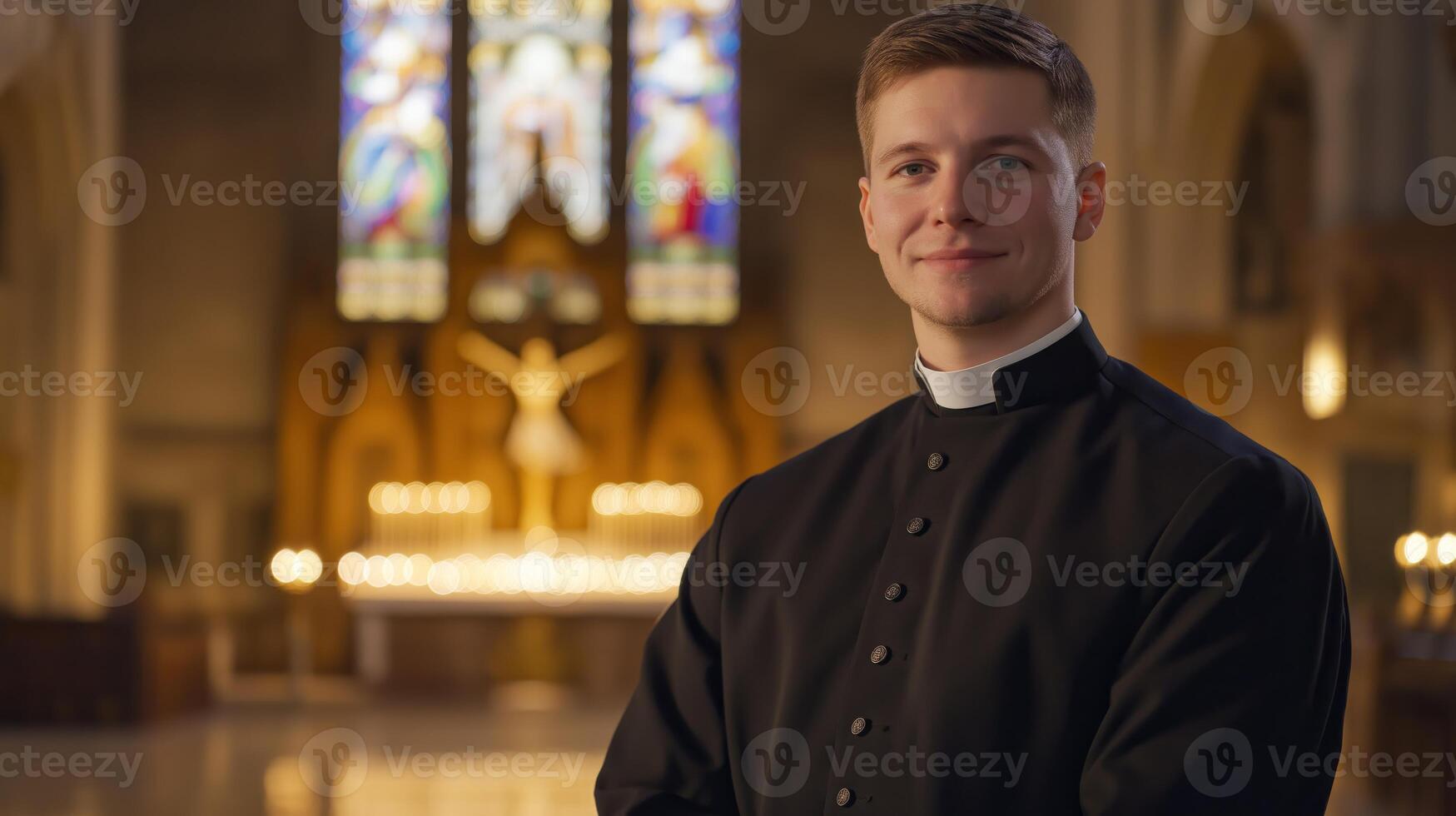 Young Catholic Priest in Traditional Black Cassock Standing in Beautiful Church Interior photo