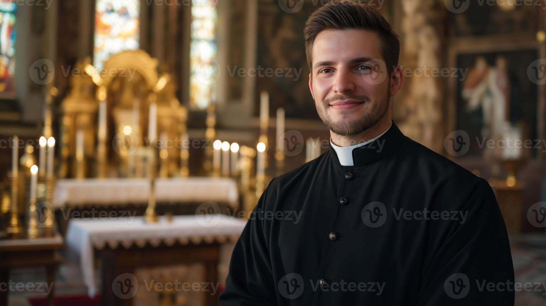 Italian Catholic Priest Posing in Ornate Church Interior for Religious Portrait Photography photo