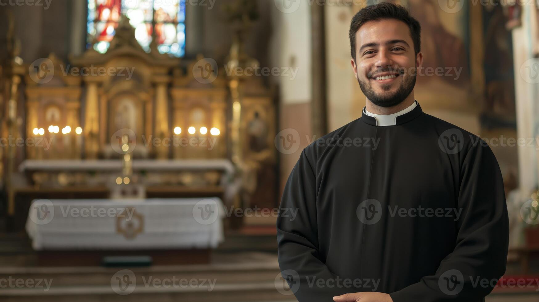 Young Male Catholic Priest of Italian Descent Standing in Church, Suitable for Religious Publications, Posters, and Print Media photo