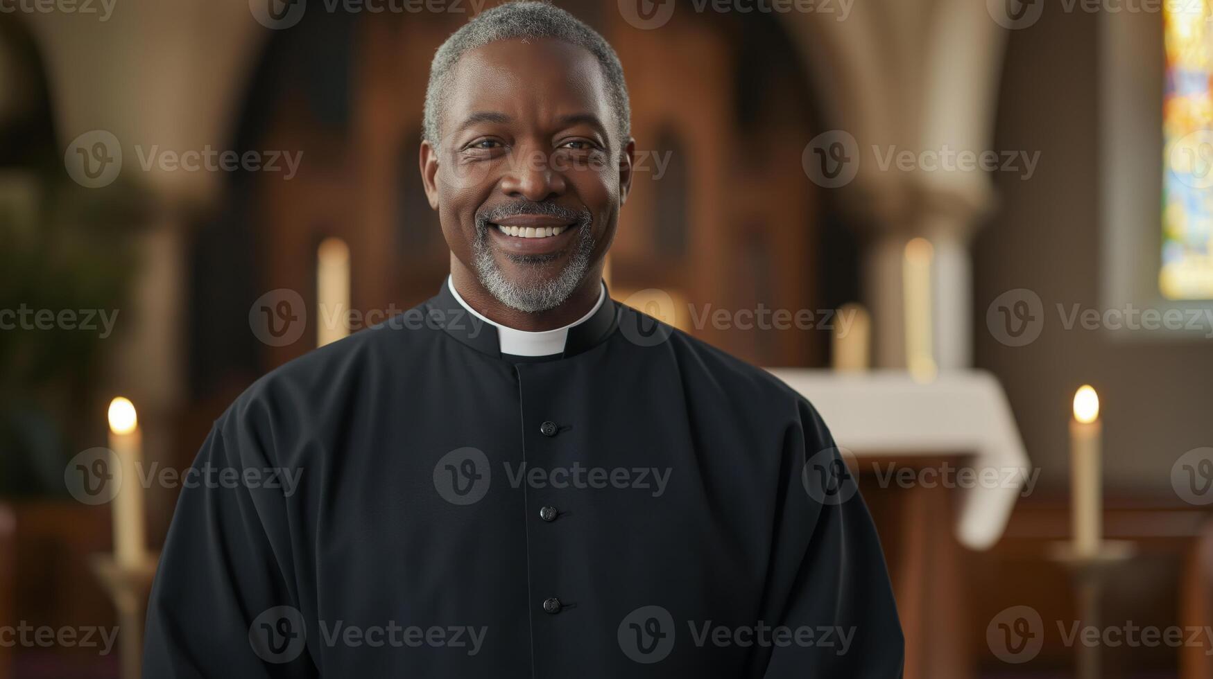 Confident Afro American Male Priest in Traditional Clerical Attire in Church Setting, Ideal for Religious Articles or Promotional Material photo