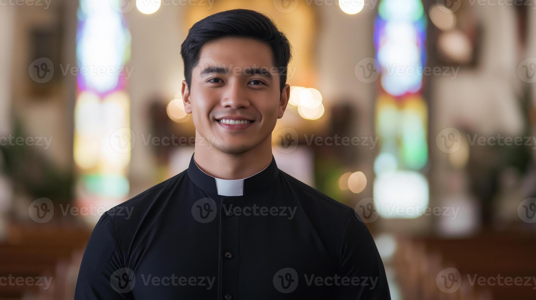 Faith and Dedication. Young Filipino Male Catholic Priest in a Church Setting Ideal for Religious Content, Print, Poster, or Conceptual Projects photo